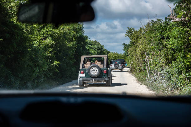 Jeep train on the way to the Punta Sur reserve, typical tour in Cozumel.